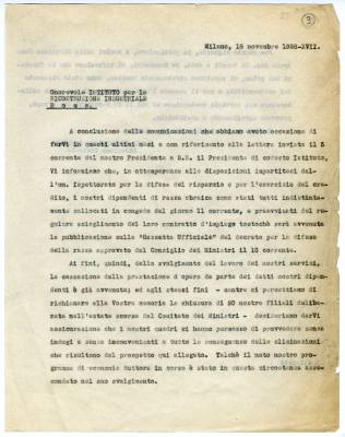 Lettera inviata all'Istituto di ricostruzione Industriale - IRI con elenco degli ebrei in servizio nella rete italiana della Banca commerciale italiana, 18 novembre 1938